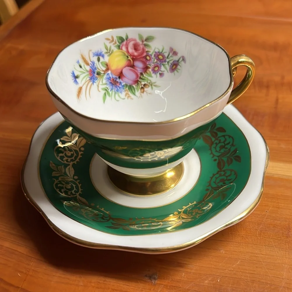 EB Foley footed Green and Gold with Fruits bone china Tea cup matching Saucer
